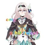  1girl akashicelegy black_hairband black_jacket blue_eyes blue_jacket blue_ribbon bow closed_mouth collared_shirt cowboy_shot cropped_jacket english_text firefly_(honkai:_star_rail) grey_hair hair_between_eyes hair_bow hair_intakes hair_ribbon hairband hands_on_own_hips highres honkai:_star_rail honkai_(series) jacket long_hair long_sleeves looking_at_viewer meme neckerchief omg_a_hit_tweet_(meme) orange_neckerchief rainbow_text ribbon shirt sidelocks simple_background sleeveless sleeveless_shirt smirk solo straight-on two-sided_fabric two-sided_jacket white_background white_bow white_shirt 