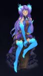  1girl absurdres bare_shoulders blue_fire blue_thighhighs breasts brighid_(xenoblade) center_opening closed_eyes closed_mouth commentary commentary_request covered_collarbone dress eyelashes fiery_hair fire highres kaphrin large_breasts long_dress long_hair mixed-language_commentary purple_hair sitting solo thighhighs very_long_hair xenoblade_chronicles_(series) xenoblade_chronicles_2 