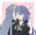  ! 2girls alternate_costume black_choker black_shirt black_sleeves blue_eyes blue_hair chinese_clothes choker clothing_cutout dragon_print eating fork fu_hua fu_hua_(herrscher_of_sentience) fu_hua_(night_squire) fu_hua_(rustic_noir) grey_hair hair_between_eyes hair_ornament holding holding_fork honkai_(series) honkai_impact_3rd lienai9 light_blush long_hair long_sleeves looking_at_another low-cut_armhole multicolored_hair multiple_girls official_alternate_costume open_mouth red_eyes red_rope rope shirt side_cutout sleeveless sleeveless_shirt streaked_hair upper_body white_hair yellow_pupils 