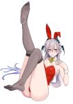  1girl absurdres animal_ears bare_shoulders blue_eyes blush bow bowtie breasts collarbone colored_inner_hair detached_collar fake_animal_ears feet full_body gradient_hair grey_hair grey_thighhighs hair_between_eyes hand_up highres indie_virtual_youtuber knees_together_feet_apart kuon_bb large_breasts leg_up legs leotard long_hair looking_at_viewer mole mole_under_eye mole_under_mouth multicolored_hair no_shoes over-kneehighs parted_lips partially_visible_vulva playboy_bunny pochimaru_(vtuber) rabbit_ears red_leotard simple_background soles solo strapless strapless_leotard teardrop_facial_mark thighhighs thighs toenails toes very_long_hair white_background wrist_cuffs yellow_bow yellow_bowtie 
