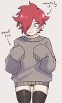  1boy bandage_over_one_eye black_thighhighs crossdressing frown grey_sweater highres looking_down messy_hair mrcaptainart original otoko_no_ko penis red_eyes red_hair simple_background sleeves_past_fingers sleeves_past_wrists small_penis standing sweat sweater thighhighs white_background 