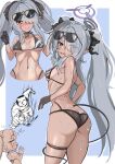  1boy 1girl ass bikini black_bikini black_bow black_choker black_gloves blue_archive blue_background blush bow breasts choker clenched_teeth commentary_request cowboy_shot dark-skinned_female dark_skin demon_girl demon_tail doodle_sensei_(blue_archive) eyes_visible_through_hair eyewear_on_head gloves grey_hair grey_halo hair_between_eyes hair_bow hair_intakes hair_over_one_eye halo highres iori_(blue_archive) iori_(swimsuit)_(blue_archive) long_bangs long_hair multi-strapped_bikini_bottom multiple_views navel nose_blush official_alternate_costume open_mouth orange_eyes pointy_ears sensei_(blue_archive) shiro_beer small_breasts solo_focus squiggle sunglasses swimsuit tail teeth twintails two-tone_background upper_body very_long_hair 