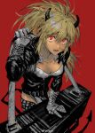  1girl :d absurdres black_horns black_jacket blonde_hair breasts cleavage collarbone demon_horns demon_tail dorohedoro gloves grey_gloves hair_between_eyes hand_up highres holding_strap horns jacket long_hair looking_at_viewer medium_breasts nikaidou_(dorohedoro) open_mouth red_background red_eyes satoukrm simple_background sketch smile solo suitcase tail weibo_logo weibo_username 