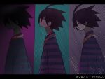  1boy ahoge arms_at_sides black_hair closed_eyes column_lineup crying from_side itoshiki_nozomu japanese_clothes kimono letterboxed magusagari male_focus no_mouth noose rain sayonara_zetsubou_sensei short_hair striped_clothes striped_kimono translation_request 