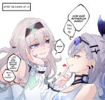  2girls :d akashicelegy bare_shoulders black_hairband blue-tinted_eyewear blue_bow blue_eyes blue_pupils bow detached_sleeves english_text eye_contact eyewear_on_head firefly_(honkai:_star_rail) grey_eyes grey_hair grin hair_between_eyes hair_bow hair_intakes hairband hand_on_another&#039;s_face hand_on_own_cheek hand_on_own_face head_rest heart highres honkai:_star_rail honkai_(series) long_hair long_sleeves looking_at_another multiple_girls one_side_up open_mouth pink_eyes sidelocks signature silver_wolf_(honkai:_star_rail) simple_background smile sunglasses tank_top teeth tinted_eyewear two-tone_eyes white_background white_sleeves white_tank_top yuri 