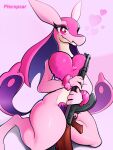 &lt;3 2_tails ak-47 anthro assault_rifle eyelashes female fluffy fur gun heart_reaction hearts_around_head hi_res holding_gun holding_object holding_weapon kneeling lovander multi_tail pal_(species) palworld pink_body pink_fur pinup plecopsar pocketpair pose ranged_weapon rifle shaded simple_background smile solo tail thick_thighs weapon wide_hips