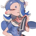  1girl anger_vein bare_shoulders blue_hair blue_shawl cephalopod_eyes chest_sarashi dot_nose folding_fan hair_over_one_eye hand_fan highres holding holding_fan lat_latte71 medium_hair navel open_mouth red_eyes sarashi shawl shiver_(splatoon) simple_background solo splatoon_(series) splatoon_3 tentacle_hair thick_eyebrows tooth_earrings white_background 