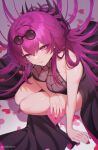  1girl absurdres bare_shoulders breasts cleavage dress eyewear_on_head from_above heart highres honkai:_star_rail honkai_(series) kafka_(honkai:_star_rail) large_breasts long_hair looking_at_viewer looking_up purple_eyes purple_hair sakotach sleeveless sleeveless_dress smile solo sunglasses valentine web_print 