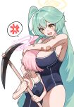  2girls absurdres ahoge anger_vein bandaid bandaid_on_arm bare_arms black_one-piece_swimsuit blue_archive blush breast_smother breasts face_to_breasts green_hair halo highres holding holding_pickaxe hoshino_(blue_archive) je_o_mo large_breasts long_hair looking_at_another multiple_girls one-piece_swimsuit open_mouth pickaxe pink_hair pink_halo short_hair simple_background spoken_anger_vein swimsuit very_long_hair white_background yellow_eyes yellow_halo yume_(blue_archive) 