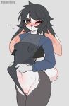 absurd_res anthro big_ears black_body black_fur black_hair blush breasts clothed clothing clothing_pull crotch_tuft female fur genitals green_eyes hair hi_res lagomorph leotard leotard_pull leporid long_ears looking_at_viewer mammal nat_(vesperinox) nipple_outline one_eye_closed partially_clothed pussy rabbit short_hair small_breasts solo standing tight_clothing tuft vesperinox white_body white_fur