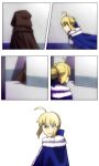  1boy 1girl ahoge armor artoria_pendragon_(fate) blonde_hair blue_bow blue_cape bow cape fate/grand_order fate_(series) green_eyes highres hood kay_(fate) lazyartlazy12 