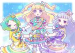  3girls :d blonde_hair blue_background blue_dress blue_hair blue_hairband blunt_bangs blush border bow braid commentary_request cowboy_shot dress earrings gradient_hair green_eyes green_hair grey_hair hair_bow hairband highres holding_hands idol_clothes idol_time_pripara jewelry koda_michiru kokichi_yoko long_hair looking_at_viewer miichiru_(pripara) multicolored_hair multiple_girls nijiiro_nino one_eye_closed open_mouth outline outstretched_arms pretty_series pripara puffy_short_sleeves puffy_sleeves purple_dress purple_eyes purple_hairband rainbow red_eyes ringlets short_hair short_sleeves smile sparkle spread_arms standing twin_braids two_side_up very_long_hair wavy_hair white_border white_outline yellow_dress yellow_hairband yumekawa_yui 