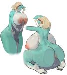anthro anus areola big_breasts biped blush bodily_fluids breasts butt eyelashes facesitting female green_body hair hi_res ippan_josei male male/female my_hero_academia nipples open_mouth rear_view scalie sitting_on_another smile sweat thick_thighs utterangle