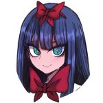  1girl black_souls blue_eyes blue_hair bow bowtie chinese_commentary closed_mouth cross-shaped_pupils dark_blue_hair hairband koshou_shou_mitsu long_hair mabel_(black_souls) orange_pupils portrait red_bow red_bowtie red_hairband simple_background smile solo straight_hair symbol-shaped_pupils white_background 
