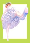  1girl absurdres alicegawa_chisato bare_legs blue_eyes dress from_below go-toubun_no_hanayome head_wreath high_heels highres looking_at_viewer looking_down nakano_yotsuba orange_hair short_hair stepping wedding_dress 