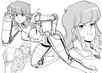  1girl absurdres armor bb_(baalbuddy) bubblegum_crisis full_body greyscale hardsuit highres long_hair looking_at_viewer monochrome motor_vehicle motorcycle priscilla_asagiri solo 