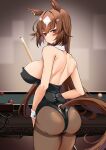  1girl animal_ears ass back ball bare_shoulders billiard_ball billiards black_leotard black_pantyhose breasts brown_hair cleavage commentary_request cue_stick detached_collar ear_ornament from_behind grey_background hair_between_eyes highres horse_ears horse_girl horse_tail komb large_breasts leotard long_hair looking_at_viewer looking_back multicolored_hair nontraditional_playboy_bunny pantyhose pool_table red_eyes simple_background sirius_symboli_(umamusume) solo strapless strapless_leotard streaked_hair table tail tail_through_clothes umamusume white_hair wrist_cuffs 