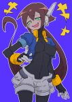  1girl absurdres aile_(mega_man_zx) black_bodysuit blue_background blue_jacket blush bodysuit breasts brown_hair buzzlyears covered_navel cropped_jacket fang glowing green_eyes highres jacket long_hair looking_at_viewer medium_breasts mega_man_(series) mega_man_zx mega_man_zx_advent open_clothes open_jacket ponytail robot_ears shorts simple_background skin_fang smug solo white_shorts 