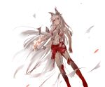  1girl bow breasts commentary feet_out_of_frame fire fujiwara_no_mokou hair_bow long_hair pants parted_lips pyrokinesis red_eyes red_pants shirt simple_background small_breasts solo suspenders torn_bow torn_clothes torn_pants torn_shirt touhou white_background white_bow white_hair white_shirt xinjinjumin249055877979 