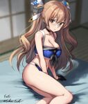  1girl artist_name bikini black_gloves blue_bikini breasts brown_eyes cleavage eckert&amp;eich feet_out_of_frame futon gloves hair_ribbon johnston_(kancolle) kantai_collection light_brown_hair long_hair looking_at_viewer medium_breasts official_alternate_costume one-hour_drawing_challenge ribbon single_glove solo swimsuit tatami twitter_username two_side_up 