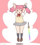  1girl arms_up bow bowtie cardigan coroha full_body hinata_natsumi jumping kemono_friends kemono_friends_3 keroro_gunsou long_hair looking_at_viewer pink_background pink_hair shirt shoes simple_background skirt socks solo sword twintails weapon wristband 