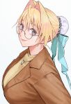  1girl blonde_hair brown_coat closed_mouth coat conto glasses grey_eyes hair_intakes jewelry lips long_hair long_sleeves necklace original round_eyewear shirt simple_background smile solo upper_body white_background yellow_shirt 