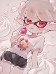  1girl black_shorts cake commentary_request food food_print fruit grey_background grey_hair highres holding holding_food inkling_girl inkling_player_character open_mouth parted_lips pointy_ears print_shirt red_eyes shirt short_hair short_shorts shorts smile solo splatoon_(series) splatoon_3 strawberry strawberry_shortcake tebasaki_(teba_illust) tentacle_hair thick_eyebrows white_shirt 