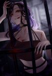  1girl :q bare_shoulders barred_window bars black_choker black_hair blood blood_on_clothes blood_on_face blood_on_hands blood_splatter breasts choker cleavage colored_inner_hair crop_top gradient_hair hair_over_one_eye highres in_cell iron_bars large_breasts licking_lips long_hair looking_at_viewer midriff multicolored_hair naughty_face navel nekotokage nijisanji open_mouth orange_eyes prison prison_cell prisoner shirayuki_tomoe smile solo tongue tongue_out virtual_youtuber 
