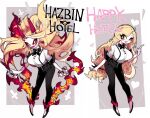  alternate_breast_size black_nails black_pants blonde_hair bow bowtie breasts charlie_morningstar circle_facial_mark colored_sclera demon_girl demon_horns dual_persona evil_smile fangs fingernails fire hazbin_hotel high_heels highres horns large_breasts leaning_forward long_hair looking_at_viewer low-tied_long_hair mato_tsuyoi pants red_horns red_sclera sharp_fingernails sharp_teeth smile suspenders teeth very_long_hair wide_mouth yellow_eyes yellow_sclera 