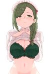  1girl absurdres blush bra braid breasts cleavage clothes_lift embroidered_bra fingernails green_bra green_eyes green_hair hair_ribbon heart heart-shaped_pupils highres idolmaster idolmaster_shiny_colors interlocked_fingers lace-trimmed_bra lace_trim large_breasts looking_at_viewer maid_headdress nanakusa_hazuki navel own_hands_together ribbed_sweater ribbon shignonpencil simple_background single_sidelock solo stomach sweater sweater_lift swept_bangs symbol-shaped_pupils underwear upper_body white_background white_sweater 