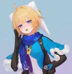  1girl absurdres ahoge black_gloves blonde_hair blue_background blue_capelet blue_eyes blue_scarf blue_shirt c1718259 capelet chinese_commentary elbow_gloves fur-trimmed_capelet fur_trim gloves gradient_background hair_intakes hand_up hat highres honkai:_star_rail honkai_(series) light_blush looking_at_viewer lynx_landau open_mouth purple_background scarf shirt short_hair snowflake_print solo teeth two-tone_background two-tone_shirt upper_body upper_teeth_only watch whistle whistle_around_neck white_headwear white_shirt wristwatch 