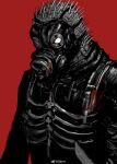  1boy absurdres black_jacket caiman_(dorohedoro) dorohedoro gas_mask highres holding holding_knife jacket knife lizardman male_focus mask no_pupils red_background satoukrm simple_background sketch solo spikes upper_body weibo_logo weibo_username white_eyes 