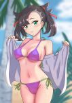  1girl absurdres alternate_costume asymmetrical_bangs beach bikini black_hair blurry blurry_background breasts cameltoe closed_mouth collarbone commentary_request covered_nipples earrings green_eyes groin highres jewelry looking_at_viewer maho_(corotonton5150) marnie_(pokemon) medium_breasts medium_hair navel pokemon pokemon_swsh side-tie_bikini_bottom smile solo swimsuit 