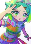  1girl belt blue_hair blush commentary_request cowboy_shot cropped_jacket fang green_belt green_eyes green_hair hand_up headphones headphones_around_neck idol_clothes idol_time_pripara kokichi_yoko looking_at_viewer multicolored_hair nijiiro_nino open_hand open_mouth orange_shorts pretty_series pripara short_hair shorts simple_background solo standing triangle_hair_ornament triangle_print two-tone_hair v-shaped_eyebrows white_background 