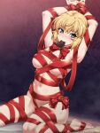  1girl armpits bdsm blonde_hair blush bondage bound bow breasts chocolate green_eyes highres large_breasts mizuhashi_parsee navel nude ootsuki_wataru red_bow red_ribbon ribbon ribbon_bondage solo touhou yellow_nails 