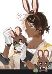  1boy ? animal_ears arknights black_hair black_shirt brown_jacket choshanland_plushy_(arknights) commentary dark-skinned_male dark_skin earrings fake_animal_ears gloves highres holding holding_stuffed_toy jacket jewelry male_focus nsi_(2312_0120) rabbit_ears shirt short_hair short_ponytail simple_background solo spoken_question_mark stuffed_toy table thorns_(arknights) upper_body white_background white_gloves white_shirt yellow_eyes 