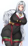  1girl absurdres akershus_fortress_(oshiro_project) aqua_eyes black_dress black_pantyhose blush breasts collared_shirt cowboy_shot dress eryu_kamemura glint grey_hair hand_on_own_hip highres huge_breasts long_sleeves looking_at_viewer oshiro_project:re pantyhose puffy_long_sleeves puffy_sleeves red_ribbon ribbon shirt sleeveless sleeveless_dress solo swept_bangs thick_lips thick_thighs thighs white_shirt 