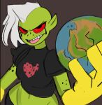 2016 alien alien_humanoid boonsky bottomwear breasts clothed clothing disney female fingers freckles gloves green_body green_skin hair handwear hi_res humanoid humanoid_pointy_ears lord_dominator midriff navel noseless not_furry planet red_sclera solo teeth tongue tongue_out topwear wander_over_yonder