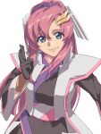  1girl black_gloves chiharu_(9654784) coat gloves gundam gundam_seed gundam_seed_freedom hair_between_eyes hair_ornament highres lacus_clyne long_hair looking_at_viewer parted_bangs pink_hair ponytail portrait sidelocks simple_background smile solo upper_body white_background 