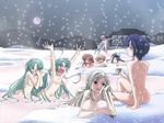  blonde_hair breasts chie_rumiko fujitaka_(akasora) furude_rika hanyuu higurashi_no_naku_koro_ni houjou_satoko large_breasts medium_breasts multiple_girls nipples nude onsen ryuuguu_rena siblings sisters small_breasts snow sonozaki_mion sonozaki_shion takano_miyo twins 