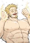  1boy abs bara blonde_hair blush closed_eyes f69g facial_hair goatee happy highres jacob_(housamo) large_pectorals long_sideburns mature_male muscular muscular_male nipples pectorals scar scar_on_face scar_on_nose short_hair sideburns smile solo stomach strongman_waist sweat tokyo_afterschool_summoners unfinished upper_body very_sweaty 
