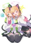  2girls absurdres animal_ear_headphones animal_ears black_shorts black_skirt black_thighhighs blonde_hair blue_archive blue_necktie blunt_bangs blush bow cat_ears cat_tail chestnut_mouth collared_shirt commentary_request controller fake_animal_ears game_controller green_bow green_eyes green_halo hair_bow halo headphones highres holding holding_controller holding_game_controller jacket kneeling long_sleeves looking_at_viewer midori_(blue_archive) momoi_(blue_archive) multicolored_clothes multicolored_jacket multiple_girls necktie pink_bow pink_eyes pink_halo pleated_skirt pointing pointing_at_viewer school_uniform shirt short_hair shorts shoulder_strap siblings sidelocks sisters sitting skirt smile sparkle squiggle suspenders sweat tail tail_raised thighhighs twins wariza white_shirt yukisumomol3 zettai_ryouiki 
