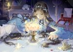  1girl absurdres artist_request beads blue_dress blue_eyes brown_hair candle closed_mouth douluo_dalu dress highres jewelry_box long_hair long_sleeves looking_down ning_rongrong_(douluo_dalu) second-party_source solo table teapot tiara upper_body 