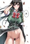  1girl akasaka4005 ass_visible_through_thighs black_gloves black_hair blush bow bowtie breasts brown_eyes chikuma_(kancolle) chikuma_kai_ni_(kancolle) clothes_lift commission elbow_gloves female_pubic_hair gloves highres kantai_collection large_breasts long_hair looking_at_viewer navel no_panties pelvic_curtain pelvic_curtain_lift pixiv_commission pubic_hair puffy_short_sleeves puffy_sleeves red_bow red_bowtie short_sleeves single_elbow_glove single_glove solo speech_bubble wind wind_lift 