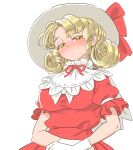  1girl blonde_hair blush breasts capelet closed_mouth commentary_request crossed_arms curly_hair dress drill_hair elly_(touhou) gloves hat hat_ribbon large_breasts looking_down medium_hair narrowed_eyes neck_ribbon nose nose_blush puffy_short_sleeves puffy_sleeves red_dress red_ribbon ribbon s-a-murai short_sleeves solo sun_hat touhou touhou_(pc-98) twin_drills upper_body white_background white_capelet white_gloves white_headwear yellow_eyes 