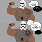  1boy bara biceps dark_skin flexing grey_background helmet highres leograndoa looking_at_viewer male_focus manly mature_male muscular muscular_male nipples pectorals protein_bar see-through shirt simple_background speech_bubble star_wars stormtrooper thick_arms upper_body veins watch wristwatch 
