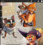 anthro blue_eyes canid canine canis chewing chihuahua clothed clothing domestic_cat domestic_dog dreamworks duo felid feline felis feral green_eyes happy holding_ear male mammal maryannagarcia2003 perrito_(puss_in_boots) puss_in_boots_(character) puss_in_boots_(dreamworks) size_difference smile standing tabby_cat toy_dog unimpressed