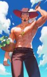  1boy abs absurdres arm_up basket black_hair black_pants che_(cyan_crown) cross cross_necklace daikon dracule_mihawk facial_hair food from_below hat highres holding holding_food holding_vegetable jewelry looking_at_viewer male_focus muscular muscular_male necklace one_piece outdoors pants radish sky solo topless_male vegetable yellow_eyes 