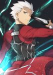  1boy archer_(fate) fate/stay_night fate_(series) grey_eyes highres holding holding_knife knife light_particles long_sleeves looking_back male_focus nikame short_hair signature solo split_mouth tan upper_body white_hair yin_yang 