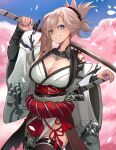  1girl bare_shoulders black_thighhighs blue_eyes blue_sky blush breasts cherry_blossoms cleavage dragon_print earrings fate/samurai_remnant fate_(series) genshu_doki grey_kimono grin hair_ornament highres japanese_clothes jewelry katana kimono large_breasts long_hair long_sleeves looking_at_viewer magatama miyamoto_musashi_(fate) obi pelvic_curtain pink_hair ponytail rope_belt sash sky smile solo swept_bangs sword thighhighs thighs weapon wide_sleeves 